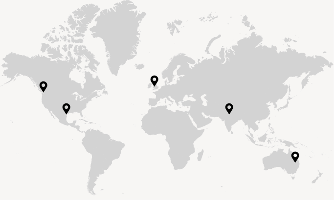 World map illustrating location pins for Silicon Valley, Dallas, Gurugram, Sydney, and London offices