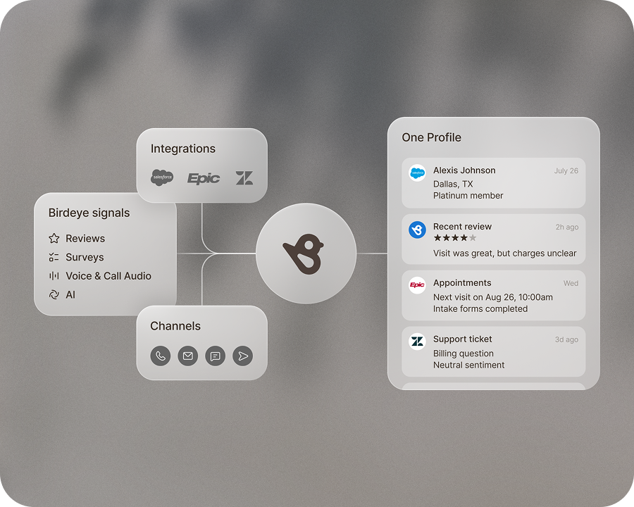 Diagram showing Birdeye signals, integrations, and channels consolidating into one customer profile
