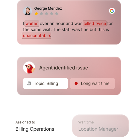 Reviews dashboard showing multiple review cards with a filter panel