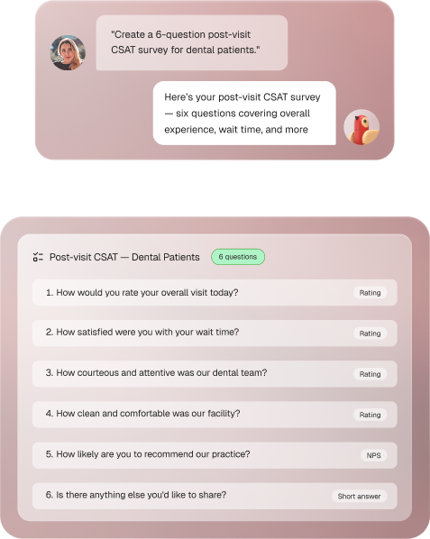 Chat message asking Robin to create a 6-question post-visit CSAT survey for dental patients, with Robin's reply summarising the generated survey, above a preview of the six-question survey